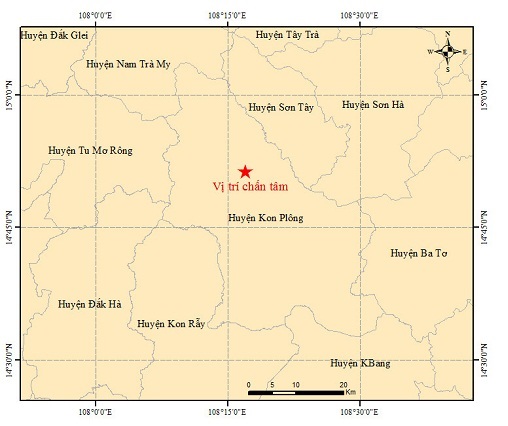 Sơ đồ tâm chấn trận động đất thứ nhất xảy ra trong ngày 15/8 tại huyện Kon Plông, tỉnh Kon Tum