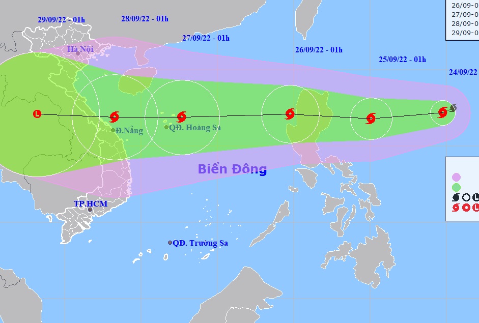 Hình ảnh dự báo đường đi của cơn bão cho thấy có sự ảnh hưởng rất lớn đến đất liền Việt Nam
