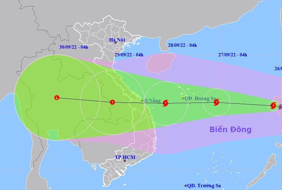 Hình ảnh dự báo đường đi và vùng ảnh hưởng của bão Naru