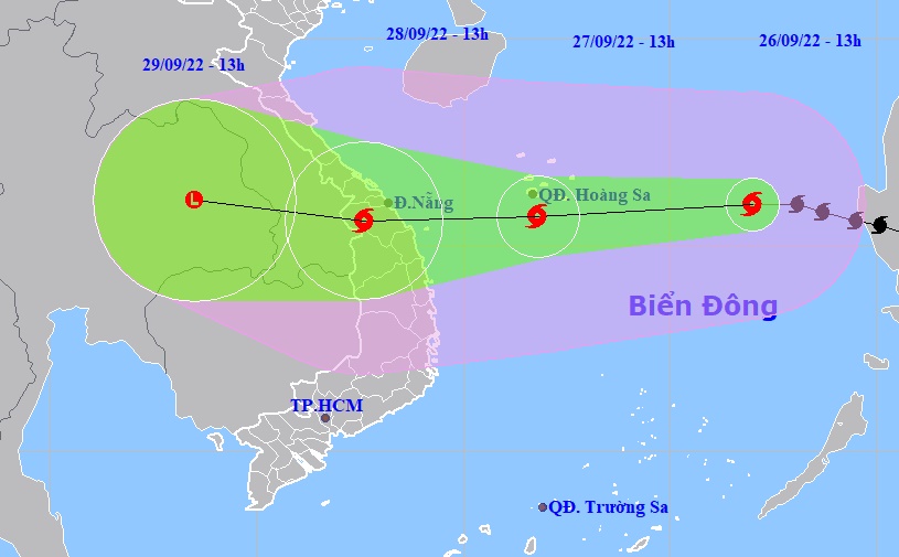 Hình ảnh dự báo đường đi và vùng ảnh hưởng của bão số 4 (cập nhật lúc 14 giờ ngày 26/9)