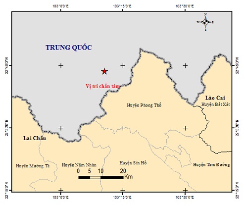 Sơ đồ tâm chấn trận động đất xảy ra tại Vân Nam, Trung Quốc