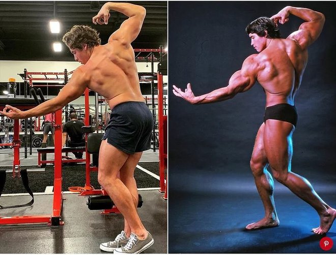 Joseph Baena (left) recreates the classic pose of Arnold Schwarzenegger in 1975. Photo: Pinterest/Joseph Baena.