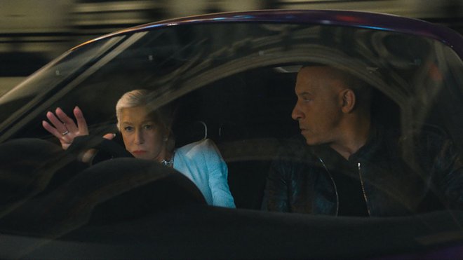 Helen Mirren and Vin Diesel in a scene from Fast & Furious 9. Photo: Universal Pictures.