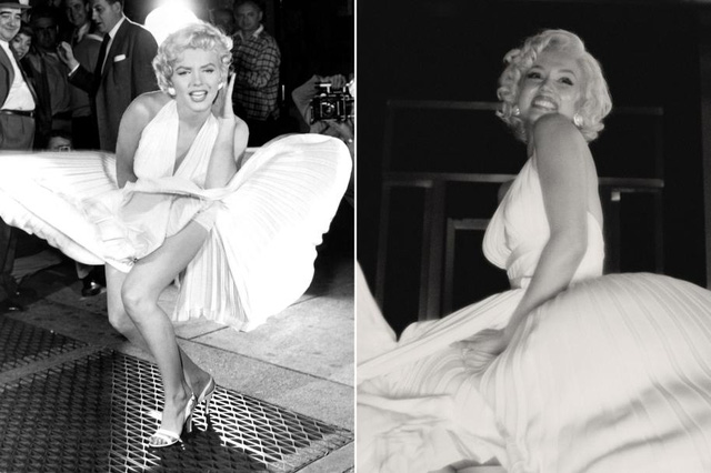 Marilyn Monroe (bên trái) và Ana de Armas trong tạo hình Marilyn của phim Blonde. (Ảnh: Getty Images/Netflix)