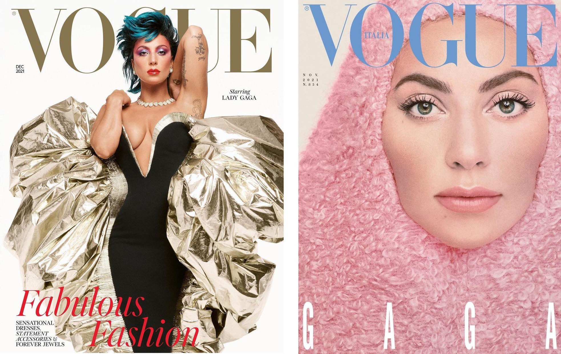 Lady Gaga is also the cover face of British Vogue December issue and November issue of Vogue Italia.  In it, on British Vogue, the 35-year-old pop star showed off her H๏τ bust in an outfit of the high-end Italian tailoring brand Schiaparelli Haute Couture.