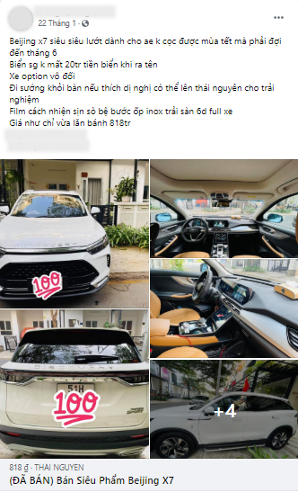 Một chủ xe tại Hà Nội cũng giao bán Beijing X7 lướt với mức giá 818 triệu đồng - ảnh chụp màn hình