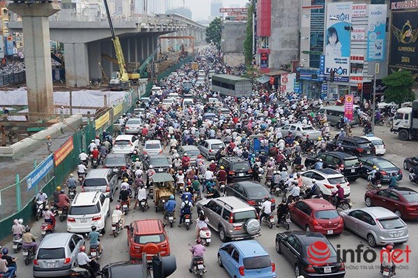 Ô tô, xe máy chen nhau trong đám tắc đường ở những tuyến phố đang xây dựng đường sắt của Hà Nội.