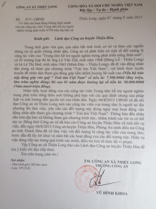 Báo cáo của công an xã Thiệu Long, Thiệu Hóa, Thanh Hóa về những bất thường từ hoạt động của Trung tâm 