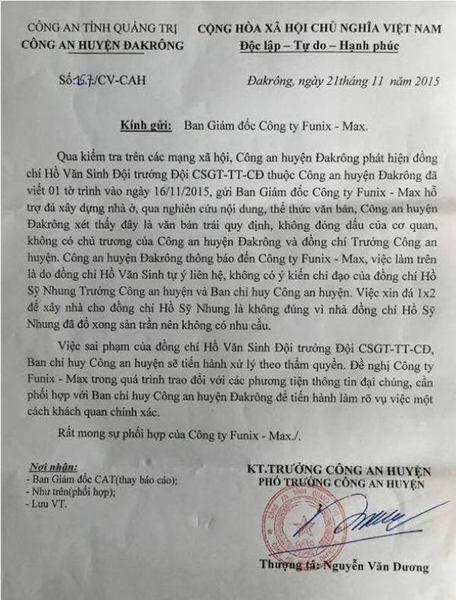 Trong công văn phản hồi gửi BGĐ Cty Funnix-Max, CA huyện ĐaKrông chỉ rõ việc làm của ông Hồ Văn Sinh là tự ý, không phải chủ trương của lãnh đạo CA huyện, gây ảnh hưởng đến uy tín của đơn vị cũng như bản thân ông Hồ Sỹ Nhung.
