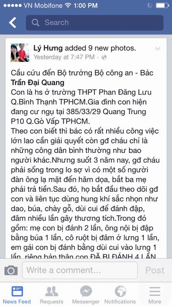 Facebook của Lý Hưng cầu cứu Bộ trưởng Công an. 