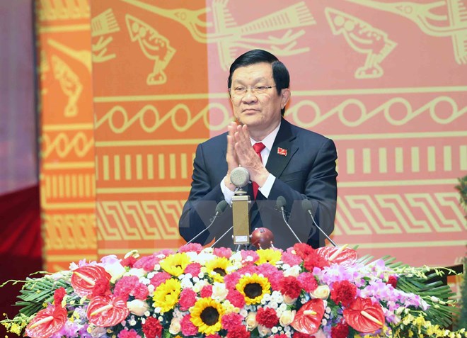 Đồng chí Trương Tấn Sang, Ủy viên Bộ Chính trị, Chủ tịch nước đọc Diễn văn khai mạc Đại hội. (Ảnh: TTXVN)