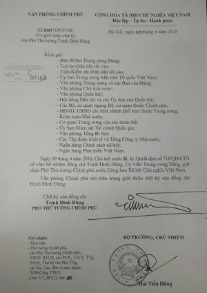 Văn bản giới thiệu chữ ký Phó Thủ tướng Trịnh Đình Dũng
