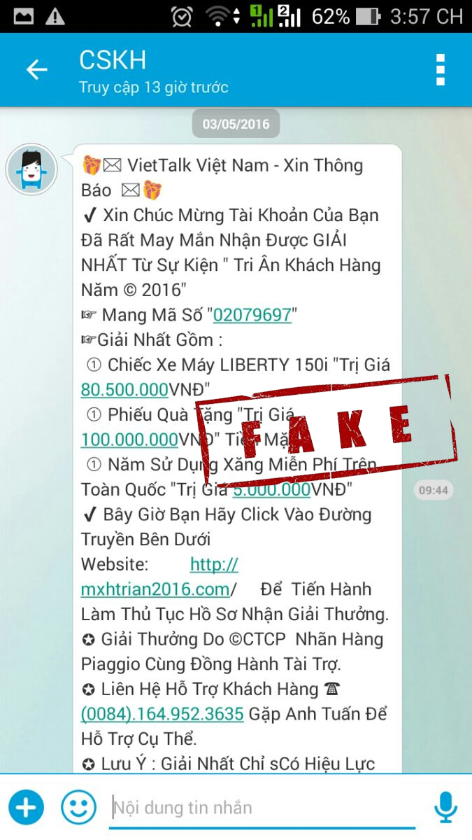 Tin nhắn lừa đảo được gửi từ tài khoản có tên CSKH và có avatar là logo ứng dụng VietTalk