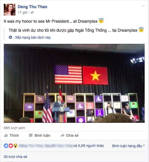 Hoa hậu Đặng Thu Thảo và bạn trai xuất hiện rạng rõ để đón tổng thống Obama.