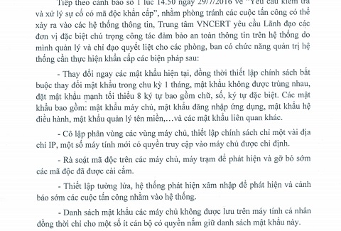 Một phần nội dung của công văn VNCERT gửi các đơn vị.