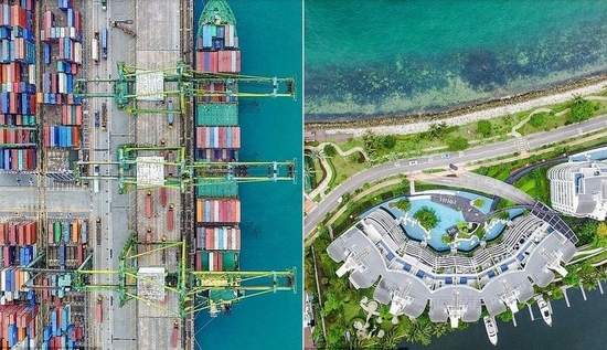 Bến cảng PSA với hàng trăm container đầy màu sắc (trái) và khu nhà ở sang trọng ven biển ở Sentosa Cove
