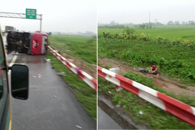 Hà Nội: Xe khách lật trên cao tốc, 2 người chết, 9 người bị thương