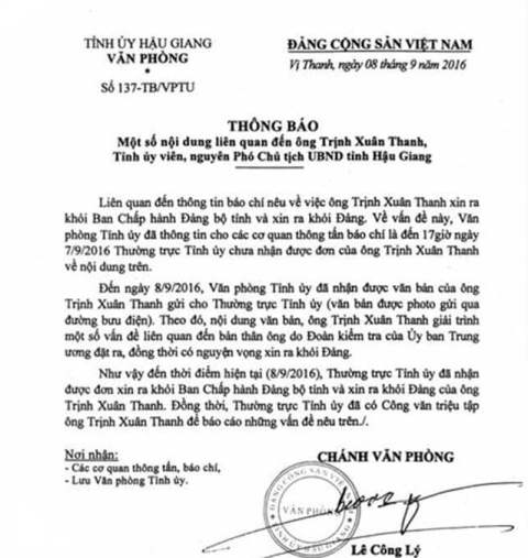 Tỉnh Hậu Giang triệu tập ông Trịnh Xuân Thanh