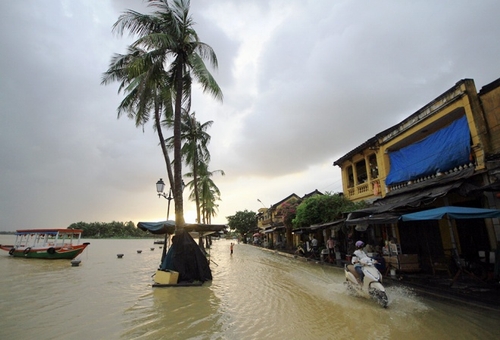 Khách Tây lội nước lụt ở phố cổ Hội An