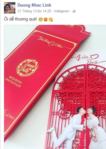 Danh sách 300 khách mời dự tiệc cưới Trấn Thành - Hari Won còn có tên nhạc sĩ Dương Khắc Linh. Trên trang cá nhân, nam nhạc sĩ dành lời khen cho tấm thiệp cưới dễ thương của đôi uyên ương. (Ảnh: Facebook Dương Khắc Linh)