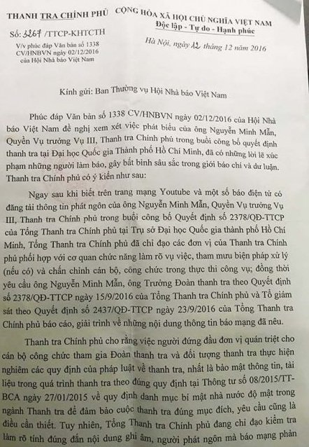 Thanh tra Chính phủ lên tiếng vụ Vụ trưởng xúc phạm báo chí