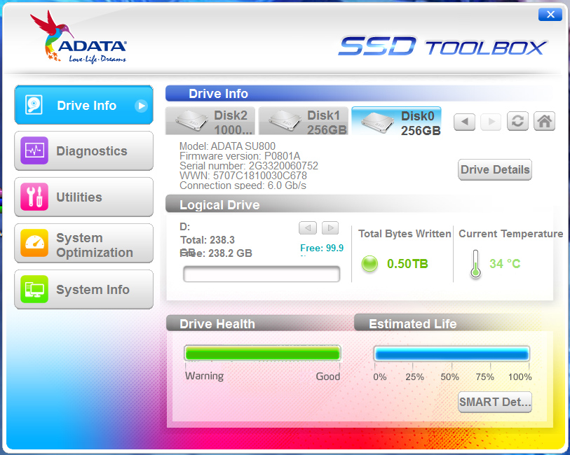 Thông số của SU800 trong Adata SSD Toolbox - tiện ích kèm theo cho phép quản lý các chức năng vận hành.