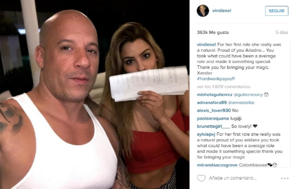 Vin Diesel đã từng đăng lên Instagram cá nhân hình ảnh của hoa hậu Ariadna Gutiérrez đang học thoại và những dòng khích lệ cho vai diễn đầu tay của người đẹp này.