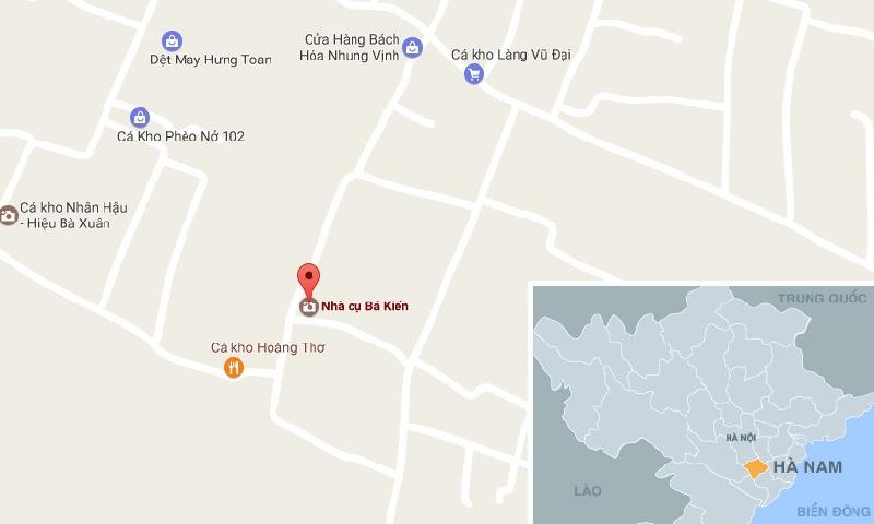 Nhà Bá Kiến (chấm đỏ) trên bản đồ khu vực xã Hòa Hậu (Lý Nhơn, Hà Nam).