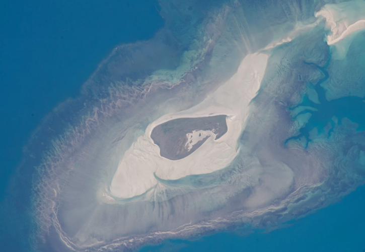 Còn đây là đảo Adele, nhìn trên cao, hòn đảo mang hình hài chả khác gì một con cá trắng uốn mình bơi lội. Được biết, đảo Adele, nằm ngoài bờ biển phía Bắc của Australia, chỉ dài 2.9 km, nhưng được bao quanh bởi các khối cát dày đặc. Nguồn ảnh: Space. 