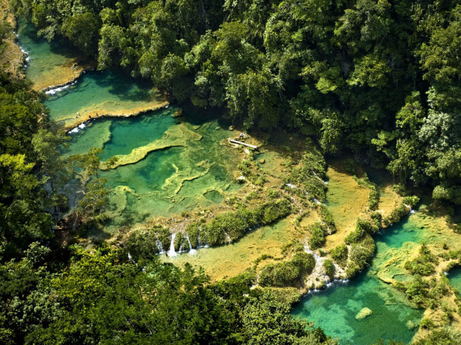 Khu bảo tồn thiên nhiên Semuc Champey ở Guatemala là thiên đường dành cho những du khách muốn tìm kiếm nơi nghỉ ngơi yên tĩnh và hẻo lánh. Tại đây, bạn có thể thấy xây cầu bằng đá vôi cùng nhiều bể bơi tự nhiên.