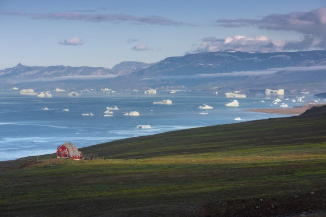 Cảnh tượng được nhìn thấy nhiều nhất ở Greenland là băng trôi, dòng sông băng, màu xanh của thảo nguyên và màu xám của núi.