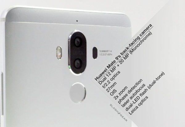 Tương tự như iPhone 7 Plus, điểm nhấn của Mate 9 chính là camera Leica thế hệ thứ 2. Nó là một hệ thống camera kép với camera đơn sắc 20MP khẩu độ f/2.2 và camera màu 12MP với cùng khẩu độ. Bộ đôi camera này còn được hỗ trợ bởi hệ thống chống rung quang học, công nghệ lấy nét 4 trong một bao gồm laser, lấy nét theo phase, độ sâu và độ tương phản. Máy cũng dùng đèn flash 2 tông màu và tất nhiên cũng có khả năng quay video 4K.