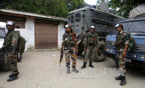 Binh sĩ Ấn Độ làm nhiệm vụ tại khu vực Turkwangam Lassipora, Shopian, phía nam Srinagar, Kashmir ngày 4/5. Ảnh: EPA/TTXVN