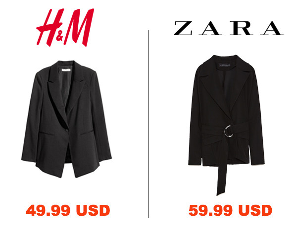 H&M và Zara là hai thương hiệu bình dân được các tín đồ thời trang yêu thích vì những sản phẩm hợp mốt kèm theo đó là giá thành tương đối rẻ hơn so với những nhãn hàng khác. Tuy cùng một mẫu áo blazer đen nhưng giá tiền của H&M lại thấp hơn, còn về kiểu dáng thì Zara sành điệu hơn với những chi tiết đính kết trên trang phục. 