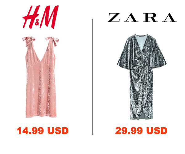 Sự so sánh tiếp theo đến từ mẫu váy chất liệu nhung thời thượng. Nếu H&M sở hữu mức giá chiều lòng khách hàng khoảng 14.99 USD thì Zara lại tiếp tục cao hơn với giá tiền 29.99 USD.
