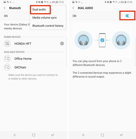 Nghe nhạc trên hai thiết bị Bluetooth cùng lúc: Do hỗ trợ kết nối Bluetooth 5.0 nên Galaxy S8 có khả năng truyền nhạc sang hai thiết bị Bluetooth (ví dụ như hai loa di đông) đồng thời. Truy cập Settings > Connections > Bluetooth, đảm bảo kết nối Bluetooth được bật, sau đó bấm vào nút ba chấm và chọn Dual Audio, rồi kích hoạt tính năng này lên. 
