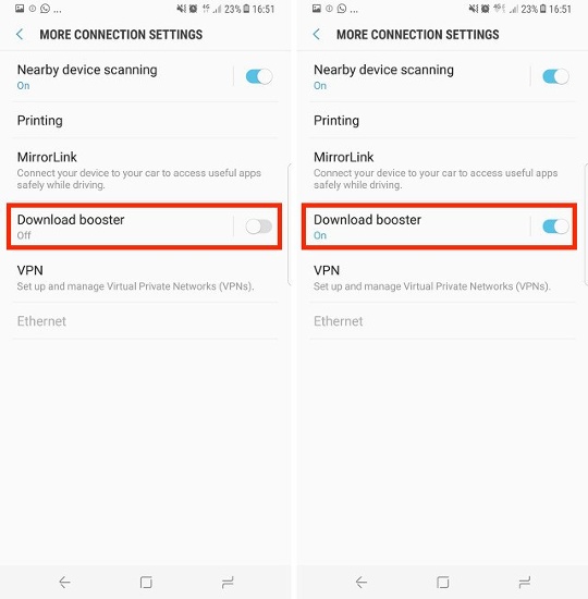 Tải nhanh hơn với Download Booster: Galaxy S8 cho phép người dùng kết hợp kết nối Wi-Fi và mạng di động 4G để tăng tốc độ tải dữ liệu về máy nhanh hơn. Để kích hoạt tính năng này, truy cập Settings > Connections > More Connection Settings, tìm đến mục Download Booster và kích hoạt tính năng này lên. 