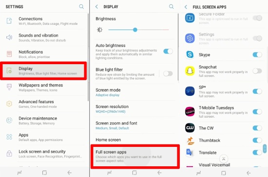 Chạy ứng dụng mở toàn màn hình: Do S8 và S8 Plus sử dụng tỷ lệ màn hình 18,5:9 nên nhiều ứng dụng chưa được tối ưu trên màn hình này và sẽ bị viền đen 2 bên khá xấu. Samsung đã khắc phục bằng cách “ép” các ứng dụng hiển thị toàn màn hình. Truy cập Settings > Display > Full Screen Apps, rồi kích hoạt ứng dụng những ứng dụng muốn hiển thị toàn màn hình. 