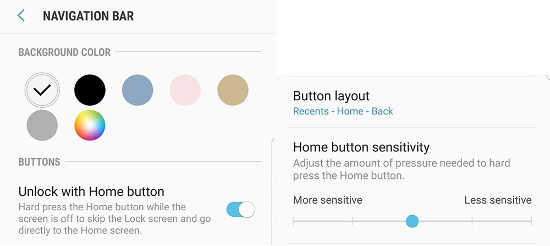 Bỏ qua màn hình khóa bằng nút Home: Bạn có thể bỏ qua màn hình khóa của S8 và chuyển tới màn hình home bằng cách bấm đơn giản nút Home khi bật Always On Display. Kích hoạt tính năng này từ menu Settings > Display > Navigation bar, rồi kích hoạt Unlock with Home button. 