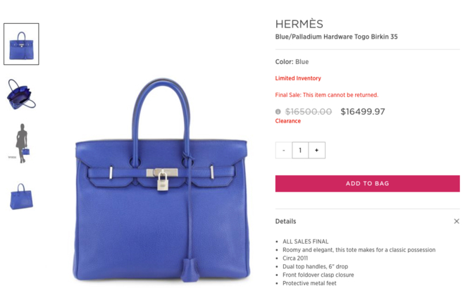 Chiếc túi Hermes Birkin màu xanh size 35 được Saks Off Fifth giảm giá 0.003 USD (3 cent), chỉ còn 16.499,97 USD. Ảnh: Saks Off Fifth.