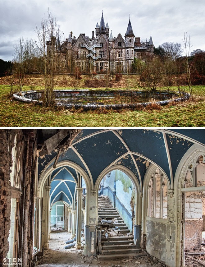  2. Lâu đài Miranda, Celles, Bỉ: Lâu đài theo trường phái Gothic này bị bỏ hoang hoàn toàn từ năm 1991. Chí phí tu sửa lại công trình này quá lớn và không thu hút được các nhà đầu tư. Giám đốc của bộ phim truyền hình Mỹ nổi tiếng Hannibal đã chọn lâu đài này để làm bối cảnh cho bộ phim.