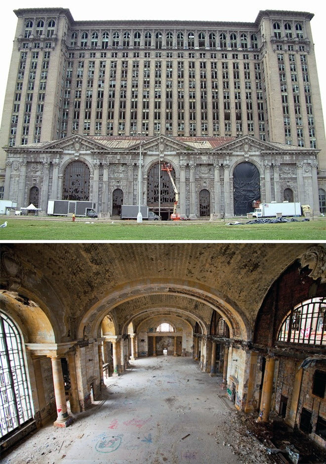 8. Nhà ga trung tâm Michigan, Mỹ: Tại thời điểm xây dựng vào năm 1913, công trình tại thành phố Detroit là nhà ga tàu hỏa cao nhất thế giới. Nó phải đóng cửa vào năm 1988, nhưng sau đó mở cửa mở lại vào năm 1990. Chưa đầy 1 năm sau, nhà ga đã đóng cửa vì các hoạt động phá hoại.