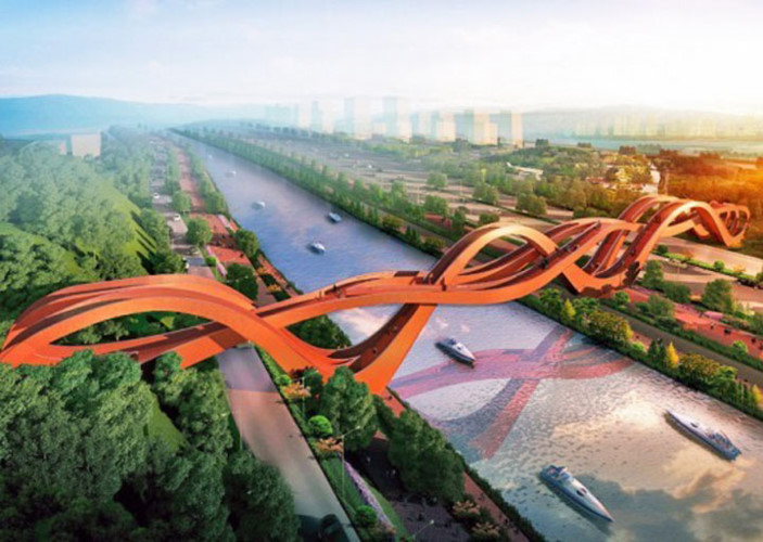 Cầu Lucky Knot (nút thắt may mắn) Trung Quốc: Lấy ý tưởng từ nút thắt trong văn hóa dân gian của người Trung Quốc, tượng trưng cho may mắn, và thịnh vượng. Cây cầu thép màu đỏ dài 185 m, cao 24 m được khai trương vào cuối năm 2016.