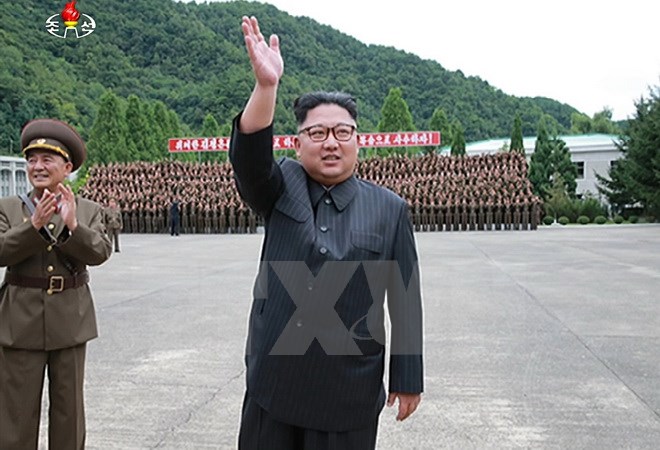 Nhà lãnh đạo Triều Tiên Kim Jong-Un trong chuyến thăm một đơn vị quân đội ngày 14/8. (Nguồn: Yonhap/TTXVN)