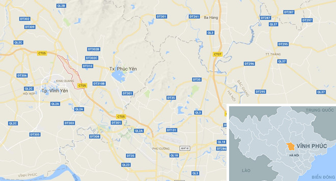 Km17+30, cao tốc Nội Bài - Lào Cai đoạn qua huyện Bình Xuyên (ô đỏ) nơi xảy ra tai nạn. Ảnh: Google Maps.