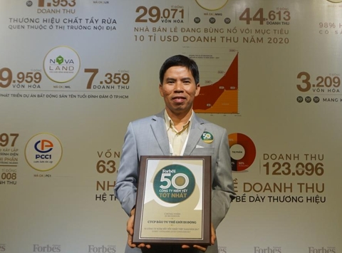 Ông Nguyễn Đức Tài - Chủ tich HĐQT CTY CP ĐT Thế Giới Di Động tại lễ vinh danh 50 công ty niêm yết tốt nhất Việt Nam.