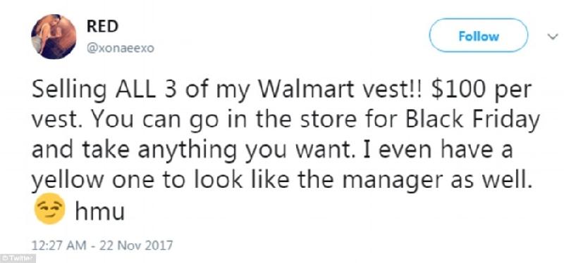 Một người khác thì rao bán những chiếc áo của nhân viên Walmart với giá 100 USD/áo trên Twitter. (Ảnh: Twitter)