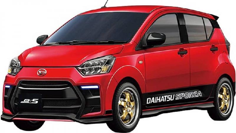 Daihatsu Mira e:S Sporza  mang dáng vẻ tổng thể thuần chất hatchback truyền thống hơn người anh em Boon Sporto. Xe sở hữu bộ bodykit mới và vành sơn vàng.