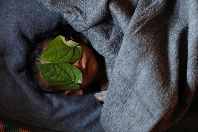 Những chiếc lá được đặt trên khuôn mặt của em bé người tỵ nạn Rohingya Abdul Aziz 11 tháng tuổi, sau khi thi thể của em được đưa trở về nơi ở của gia đình, tại trại tị nạn Balukhali gần Cox's Bazar, Bangladesh, vài giờ sau khi anh chết vào ngày 4/12/2017. Ảnh: Reuters